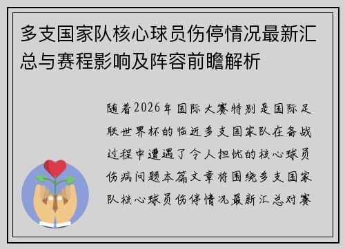 多支国家队核心球员伤停情况最新汇总与赛程影响及阵容前瞻解析 多支国家队核心球员伤停情况最新汇总与赛程影响及阵容前瞻解析